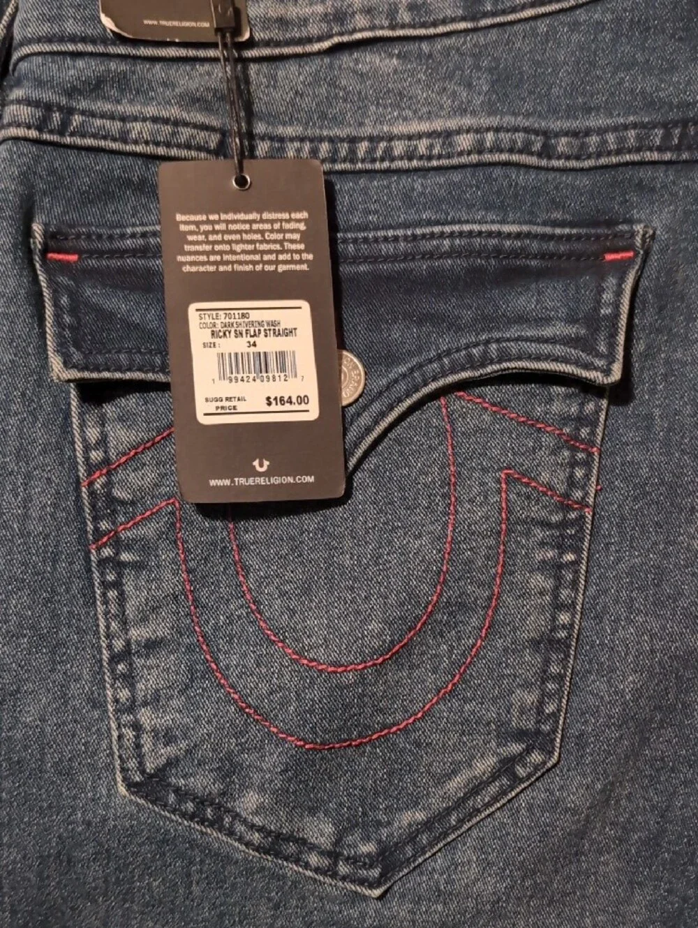 True Religion Mid Dark Blue Jeans with Red Stitching